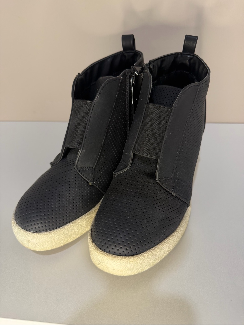 Black Slip-On Perforated High Top Sneakers with Cream Soles